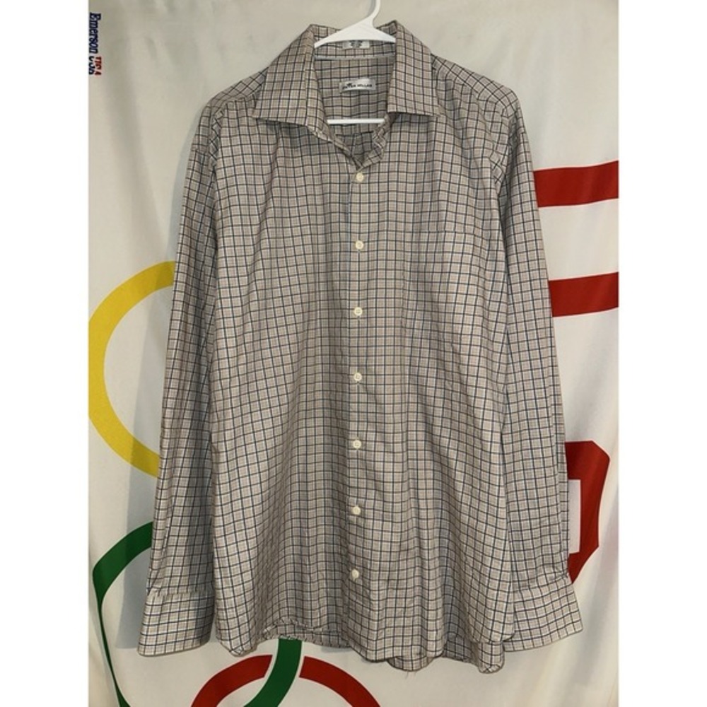 Peter Millar Button Shirt Mens XL Beige Plaid Long Sleeve Cotton‎ Spread Collar